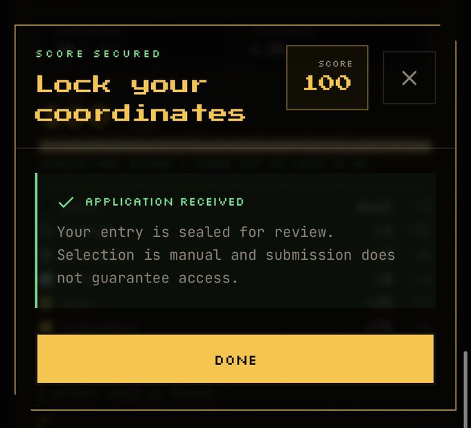 A digital interface showing 'SCORE SECURED' with a score of 100, prompting the user to 'Lock your coordinates' with an 'APPLICATION RECEIVED' confirmation message.