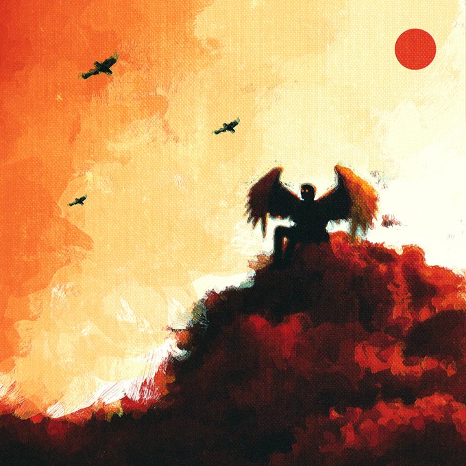 A digital painting depicting a winged figure silhouetted against a fiery orange and red sky, standing atop a dark rocky peak with birds flying in the distance and a red sun in the upper right corner.