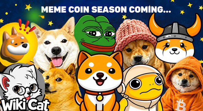 A vibrant collage features popular meme coins and dog characters, including Dogecoin's Shiba Inu, Pepe the Frog, Floki, and Hamster wearing a Bitcoin hoodie, under the headline "MEME COIN SEASON COMING..." — directly tying into the post's anticipation of an upcoming meme coin rally by showcasing its most iconic mascots.