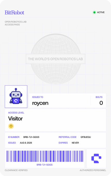 A digital 'BitRobot' access pass issued to 'roycen' with Visitor clearance, ID BRB-TJI-QQGS, valid as of Aug 9, 2026.