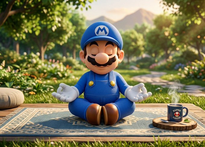 A serene Mario sits cross-legged in meditation on a garden rug with a "1UP COFFEE" mug beside him, evoking a calm morning ritual. The image's peaceful, centered pose visually echoes the post's theme of @CNPYNetwork (Canopy) cultivating thoughtful, foundational infrastructure for onchain innovation rather than rushing into new chains.