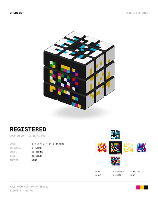 The image displays a "RECEIPT #0008" from CREDITS³ showcasing a 3×3×3 cube covered in 54 pixel-art stickers, registered on 2026-09-24 with an 8-turn scramble solved in 28 turns (01:28.8), illustrating Jack Butcher's "Credits³" concept where artwork can be rearranged across a cube to yield 88,580,102,706,155,225,088,000 unique positions.