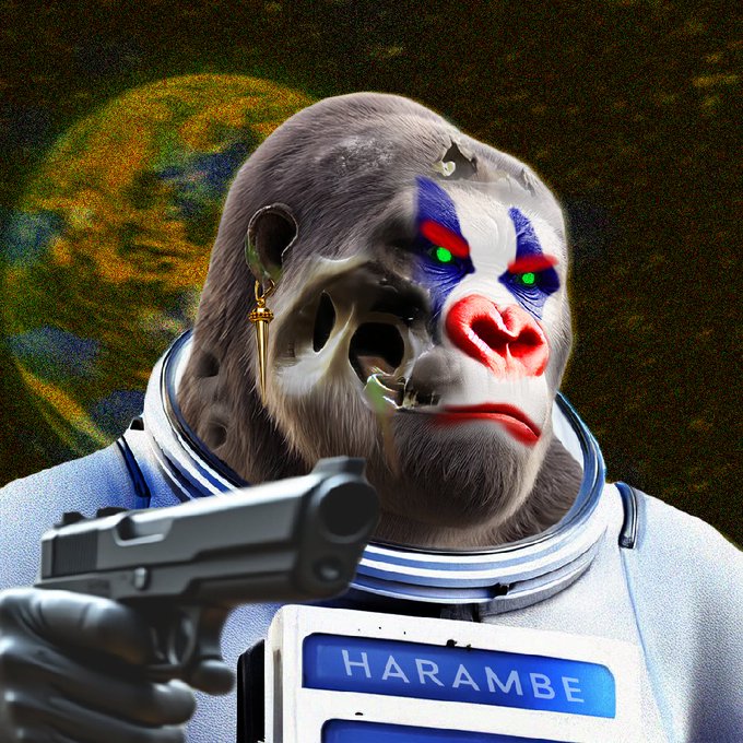A surreal AI-generated image of a gorilla in an astronaut suit with clown makeup holding a pistol, wearing a name tag that reads 'HARAMBE'.