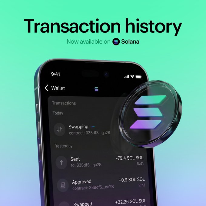 The image shows a smartphone screen displaying information about a transaction history for the Solana cryptocurrency. The phone's screen is filled with text, including details about the transaction, such as the date, time, and amount of the transaction. The background of the image is green, which contrasts with the black screen of the phone. The text on the screen reads "Transaction History", indicating that the user can now view their transaction history directly within the app.