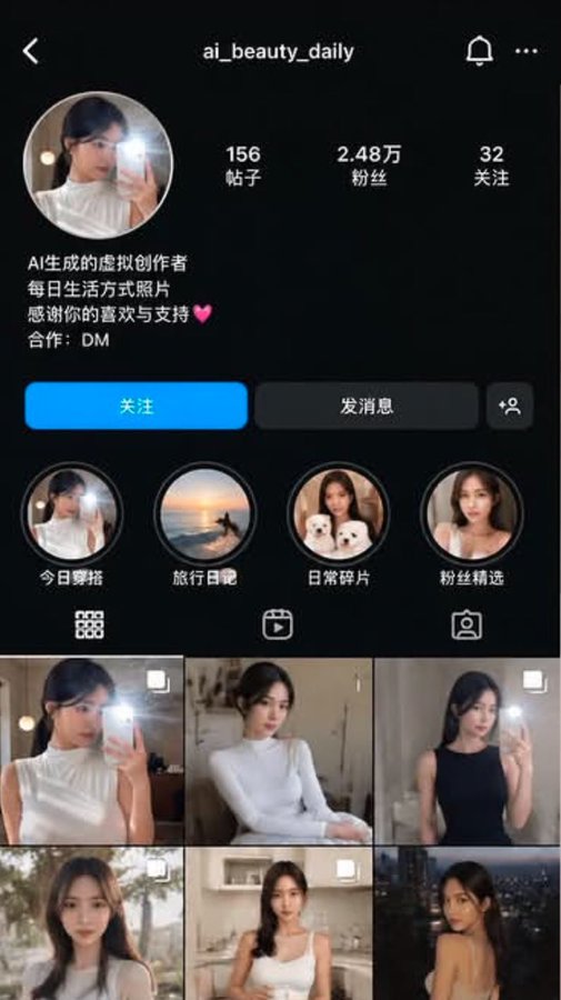 The image shows an Instagram profile for "ai_beauty_daily," a Chinese AI-generated virtual creator account with 24,800 followers, 156 posts, and 32 following, displaying a grid of photorealistic AI-generated images of a young Asian woman in various poses and settings. The accompanying post about monetizing AI beauty image accounts relates directly to this profile, illustrating a successful example of the type of account being discussed—with category highlights like "今日嘟拍" (Today's Shoot), "旅行日记" (Travel Diary), and "日常碎片" (Daily Fragments) that could serve as premium content for paid memberships, WeChat paid articles, or private fan communities.