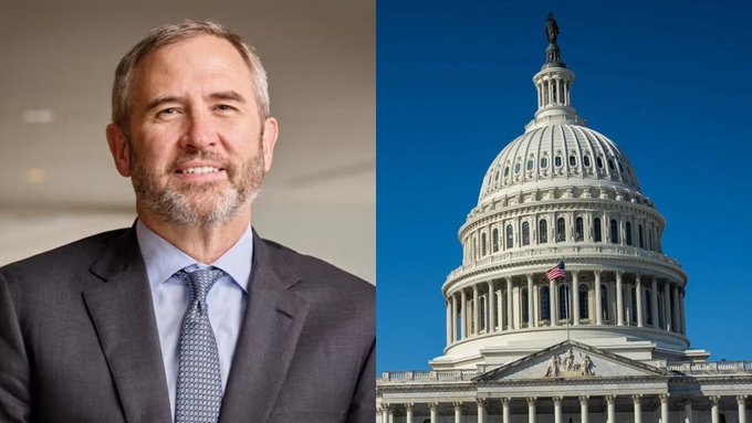 The image is a split composition: on the left, a professional headshot of a gray-haired man in a dark suit and patterned tie (Brad Garlinghouse, CEO of Ripple), and on the right, the iconic dome of the U.S. Capitol building under a clear blue sky with an American flag flying.

Caption: Ripple CEO Brad Garlinghouse appears alongside the U.S. Capitol dome, visually linking his remarks about XRP potentially playing a key role for U.S. banks entering crypto following the $30 trillion Clarity Act.