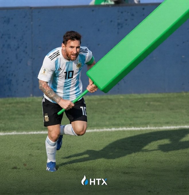 The image features a digitally edited scene of Lionel Messi in his Argentina #10 jersey, charging forward on a soccer field while wielding an oversized green cricket bat as a weapon. The "HTX" logo at the bottom ties into the post's call to "drop the ticker," suggesting a playful jab at HTX as the "target" in this swinging showdown.