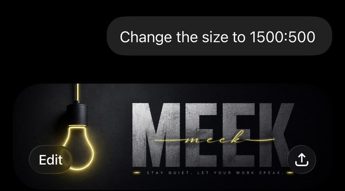 A screenshot showing an image editing interface with the prompt 'Change the size to 1500:500' and a banner design featuring the word 'MEEK' with a light bulb graphic.