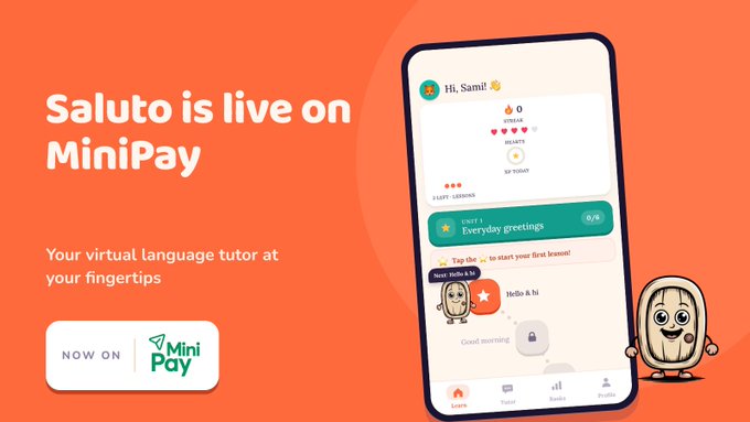 An advertisement showing 'Saluto is live on MiniPay' with the tagline 'Your virtual language tutor at your fingertips' alongside a smartphone displaying the app interface.