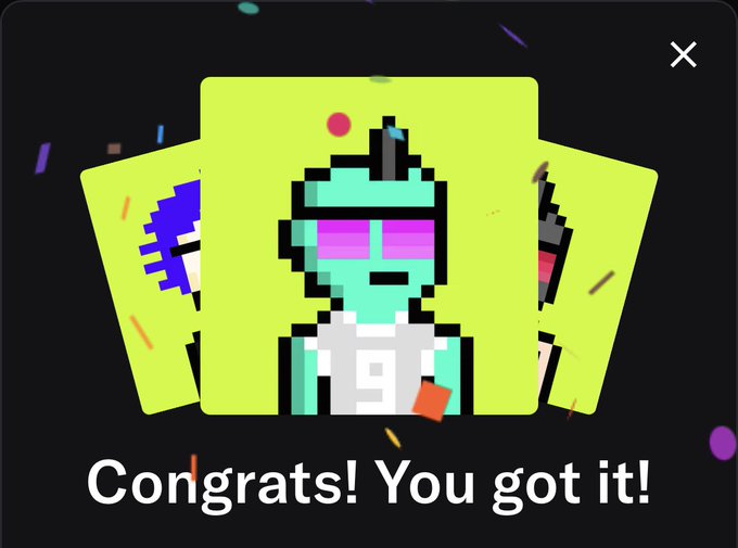 A congratulatory digital card displaying the text 'Congrats! You got it!' over three green pixel-art NFT profile pictures, with the central character sporting cyan skin and pink sunglasses.