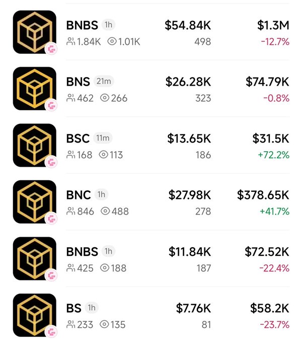 The image shows a trading list featuring BNB ecosystem tokens (BNBS, BNS, BSC, BNC) with varied 1-hour performance ranging from -23.7% to +72.2%, with the top performer BNC showing $27.98K volume and +41.7% gains. This directly relates to the poster's dilemma about which token to invest their $1K into for potential 10x returns, as they browse through the volatile and unpredictable PVP (player-versus-player) market.