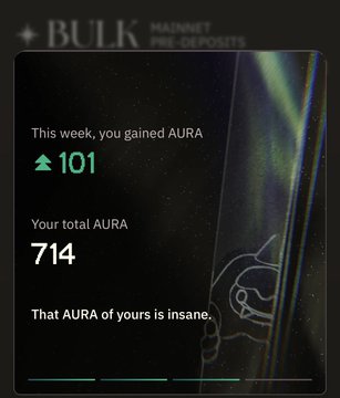 A dark-themed screenshot from the BULK app showing 'MAINNET PRE-DEPOSITS' with a weekly AURA gain of 101 and a total AURA balance of 714, accompanied by the message 'That AURA of yours is insane.'
