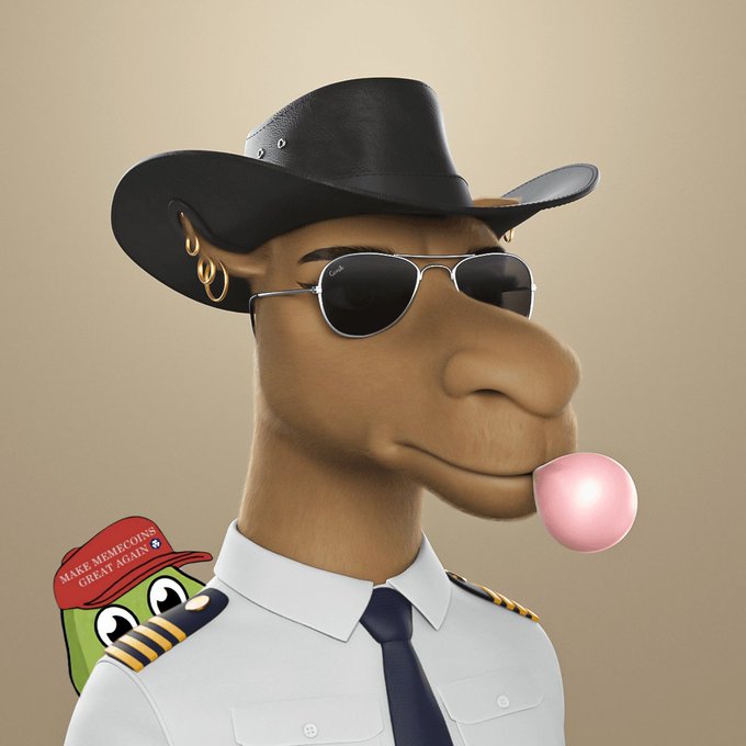 A 3D-rendered camel character wears a black cowboy hat, Ray-Ban sunglasses, and a white pilot-style shirt with a navy tie, blowing a pink bubblegum bubble, alongside a small green character peeking over the shoulder wearing a red cap reading "MAKE MEMECOINS GREAT AGAIN!"—fitting the post's crypto/NFT promotion for $wTURTLE with a playful, motivational meme vibe.