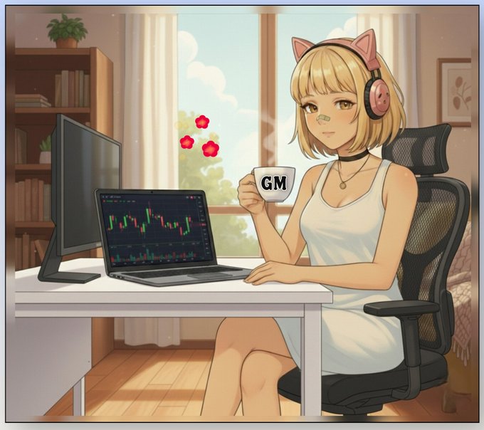 An anime-style illustration of a cat-eared girl with headphones holding a 'GM' mug while sitting at a desk with a laptop displaying trading charts.