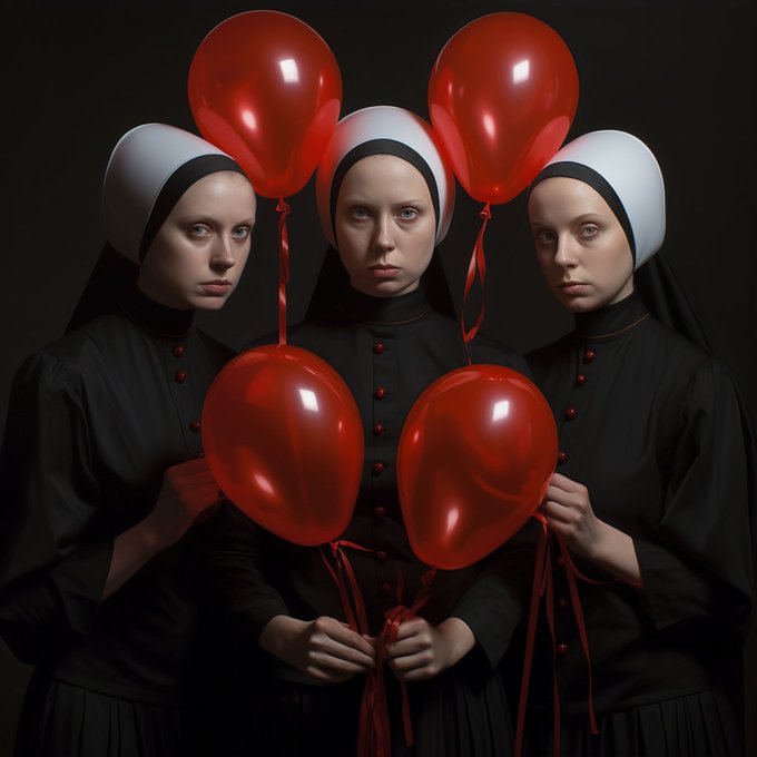 Three women in black and white nun habits stand solemnly against a dark background, holding four glossy red balloons with curling ribbons.