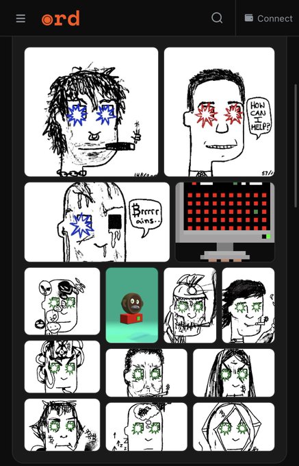 A screenshot of the Ordinals wallet interface showing a grid collection of crudely drawn cartoon characters with star-shaped eyes, featuring one highlighted green tile depicting a brown figure on a red base. The artwork's chaotic, distressed aesthetic and repeated motifs (the "How can I help?" speech bubble, "Brerr mins." text, and starry-eyed faces) visually embody the speculative, meme-driven culture associated with the "Ordinal Maxi Biz" post.