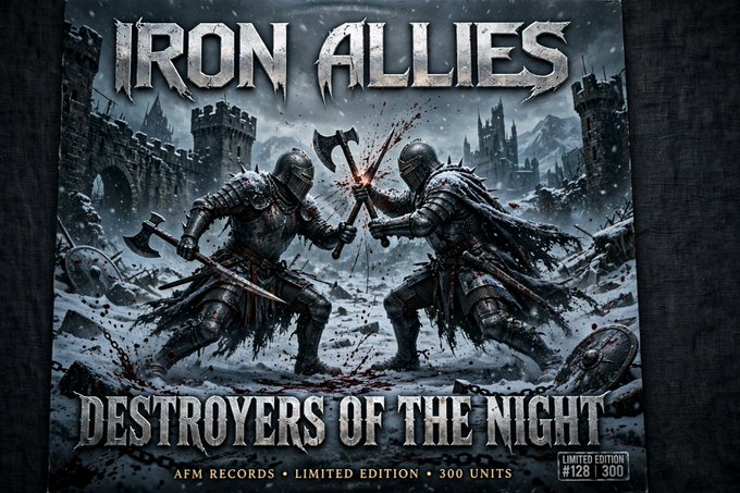 An album cover or poster titled 'IRON ALLIES - DESTROYERS OF THE NIGHT' depicting two armored knights fighting with weapons in a snowy, castle-ruined landscape, marked as 'AFM RECORDS - LIMITED EDITION - 300 UNITS #128|300'.