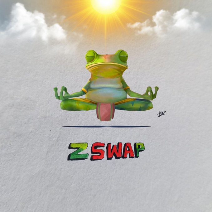 An artistic illustration shows a green tree frog in a meditation pose floating against a cloudy sky with the sun shining above, with 'ZSWAP' written in colorful letters below.