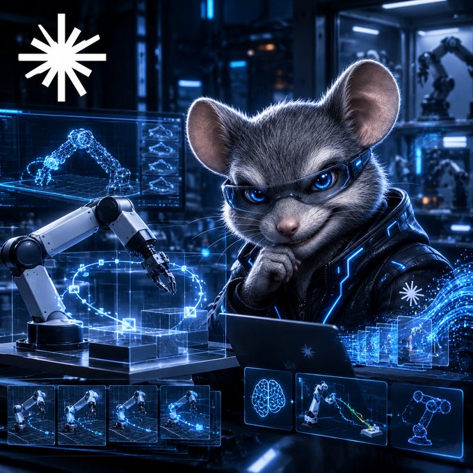 A digital illustration of an anthropomorphic mouse wearing futuristic glasses and a high-tech suit, working with robotic arms and holographic displays.