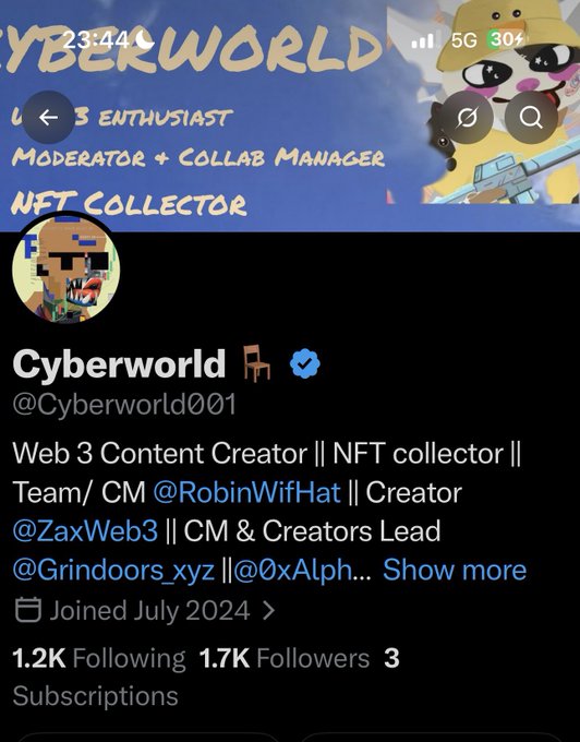 An X (Twitter) profile for 'Cyberworld' (@Cyberworld001), described as a Web3 Content Creator and NFT collector, with 1.7K followers, joined July 2024.