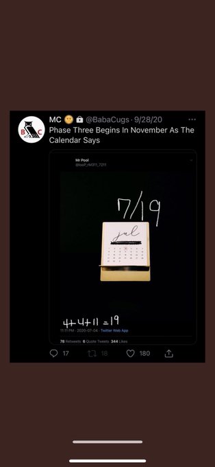 A Twitter/X post from @BabaGugs (MC) dated 9/28/20 announcing 'Phase Three Begins In November As The Calendar Says', featuring artwork with '17/19' and a calendar.