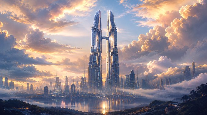 A digital artwork of a futuristic city with twin skyscrapers at sunset, featuring dramatic clouds and a reflective body of water.