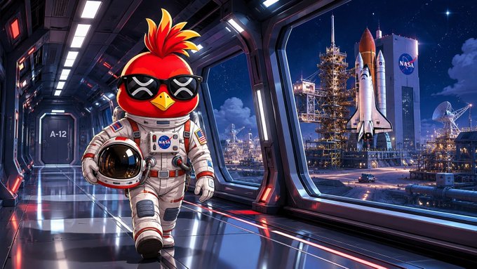 A digital illustration of a cartoon red rooster wearing sunglasses and a NASA astronaut suit walking through a space station corridor, with a space shuttle and NASA facility visible through the window.