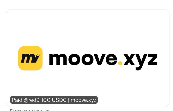 A logo for 'moove.xyz' with the yellow 'mv' icon, alongside a payment notification 'Paid @red9 100 USDC | moove.xyz'.