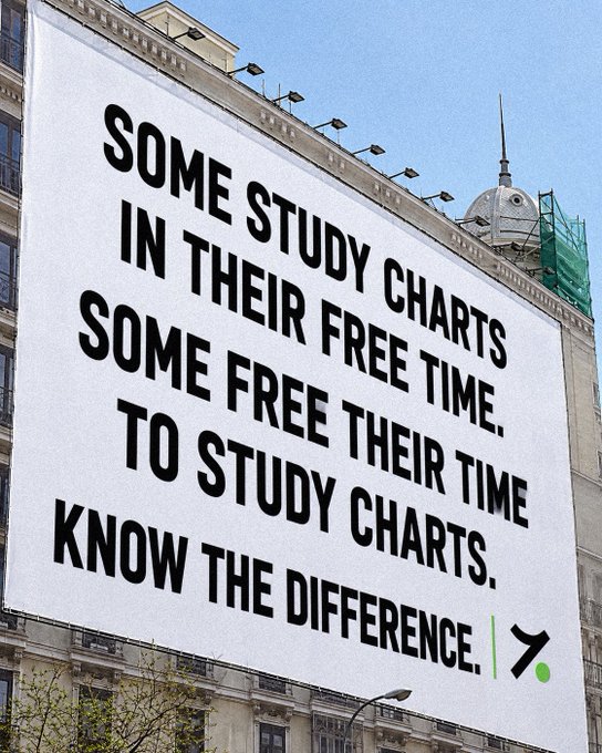 A large outdoor billboard on a building reading: 'SOME STUDY CHARTS IN THEIR FREE TIME. SOME FREE THEIR TIME TO STUDY CHARTS. KNOW THE DIFFERENCE.' with a green logo.