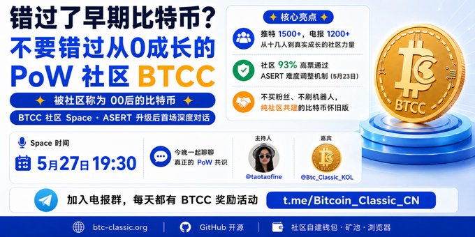 The image features a poster for Bitcoin Classic, which includes a gold coin symbolizing Bitcoin as its central theme. The poster also contains information about Bitcoin, including details such as the PoW (Proof of Work) system used by Bitcoin and the ASERT space on x.com/i/spaces/1kJzD.