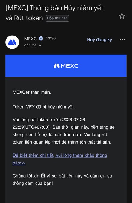 A MEXC exchange email notification announces the delisting and withdrawal of the VFY token, with a deadline of 2026-07-26 22:59 (UTC+07:00) for users to withdraw their assets before support ends. The image directly relates to the post by confirming the VFY delisting that the author references, which caused their speculative "lottery ticket" holding to fail to pump.