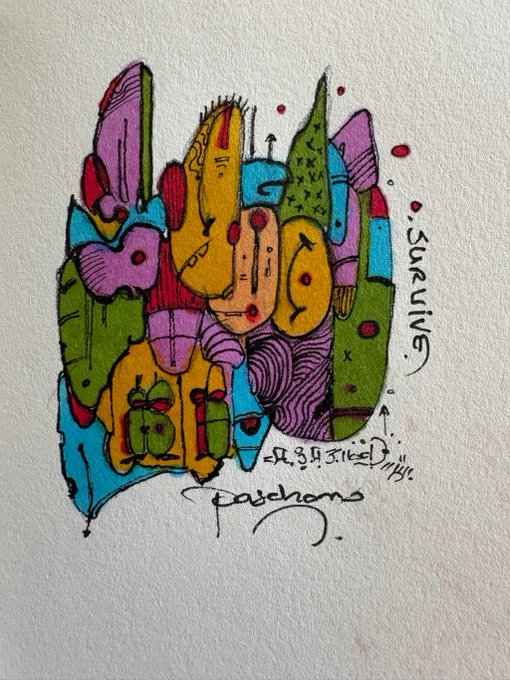 A colorful, abstract ink and marker drawing with characters and signatures reading "suruns" and "A. BURGIE MYR. poishons."