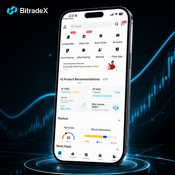 A smartphone displays the BitradeX app interface featuring sections like "Limited Offer," "Malta Trip," "AI Invest," "Event Futures," and "AI Product Recommendations" with options such as "AI 360D" (156.14% Max APY) and "AI Daily" (73%), alongside "Markets" and "News Flash," visually illustrating the post's message of providing simple, all-in-one access to diverse trading and investment tools.