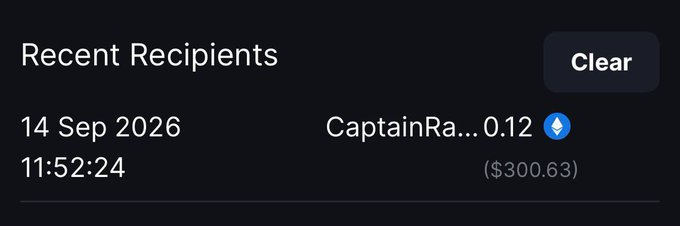 A 'Recent Recipients' transaction history screen showing a transfer of 0.12 ETH ($300.63) to 'CaptainRa...' on 14 Sep 2026 at 11:52:24.