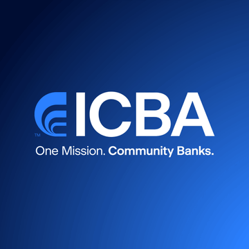The image features the Independent Community Bankers of America (ICBA) logo in white against a blue gradient background, with the tagline "One Mission. Community Banks." The logo visually represents the banking trade group mentioned in the news, which has filed a lawsuit against the OCC over granting them to crypto companies.