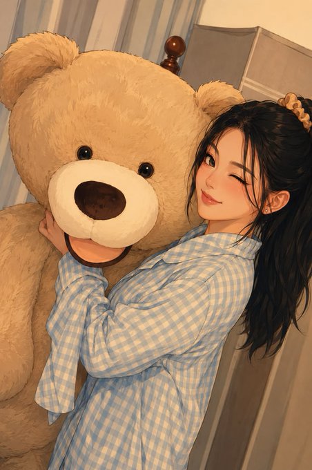 An illustrated image of a smiling young woman with long dark hair hugging a large teddy bear, wearing a light blue checkered shirt.