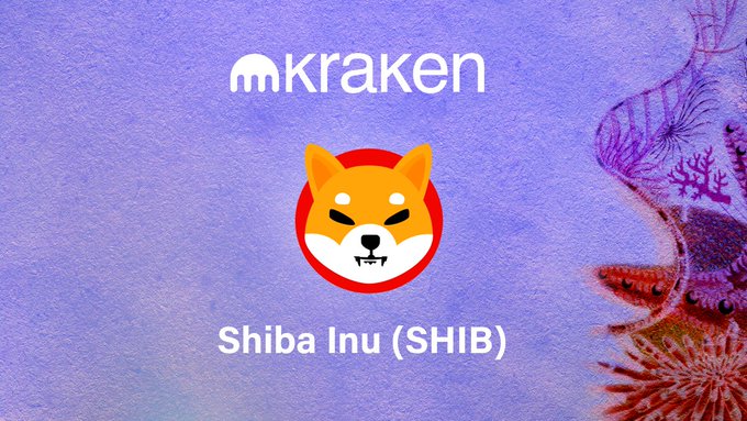 A promotional graphic for the Kraken cryptocurrency exchange featuring the Shiba Inu dog logo and the text 'Shiba Inu (SHIB)' on a purple background.