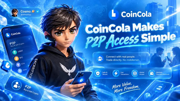 Promotional advertisement for CoinCola featuring an anime-style character with the text 'CoinCola Makes P2P Access Simple', 'Connect with real people. Trade directly. No middlemen', and 'More Value, More Freedom.' alongside features like 'Safe & Secure', 'Fast Transactions', 'Global Access', and 'Multiple Payment Methods'.