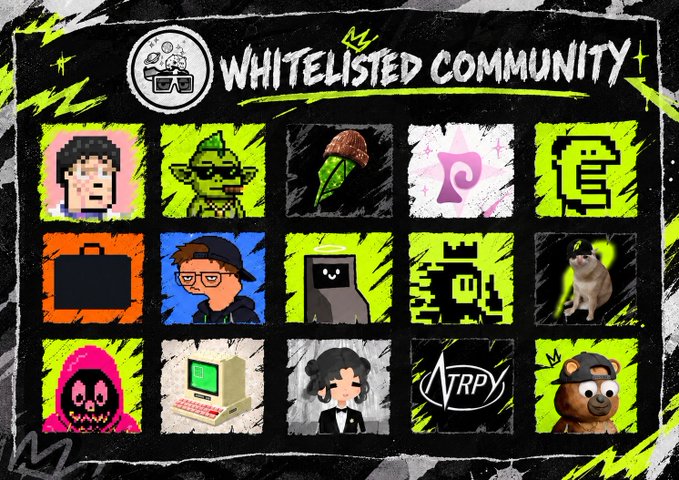 A pixel-art style 'WHITELISTED COMMUNITY' graphic featuring a 3x5 grid of various characters, objects, and icons on a black background with neon yellow accents.