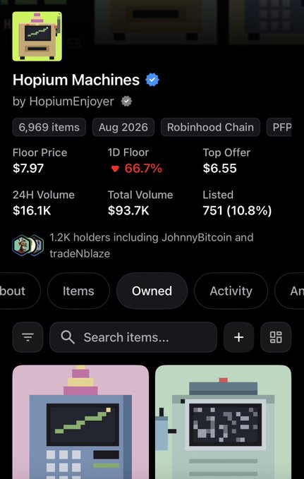 A screenshot of the Hopium Machines NFT collection page on Robinhood Chain, showing a floor price of $7.97 (down 66.7%) and 6,969 items, created by HopiumEnjoyer.