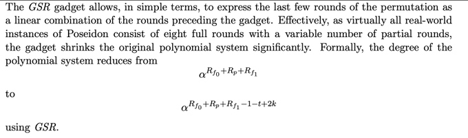 An academic text excerpt explaining how the GSR gadget reduces the degree of a polynomial system from α^(R_0+R_p+R_I_1) to α^(R_I_0+R_p+R_I_1-1-t+2k).