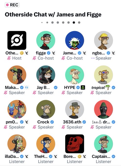 A screenshot of a Twitter Spaces recording titled 'Otherside Chat w/ James and Figge' showing a 4x4 grid of 16 participants including the host 'Othe...', co-hosts 'figge' and 'Jame...', various speakers (ngbs, Maka..., Jay B..., HYPE, tropical, pm0..., Crock, 3636.eth, dr...), and listeners (illaDa..., TheH..., Bore..., Captain...).