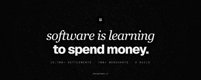 Minimalist black graphic with white text stating 'software is learning to spend money.' with stats '15,700+ SETTLEMENTS, 700+ MERCHANTS, 2 RAILS' and 'midnightway.co'.