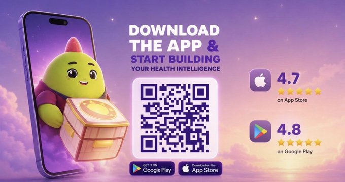 Promotional graphic featuring a green cartoon character emerging from a smartphone with the text 'DOWNLOAD THE APP & START BUILDING YOUR HEALTH INTELLIGENCE,' a QR code, App Store rating of 4.7, and Google Play rating of 4.8.