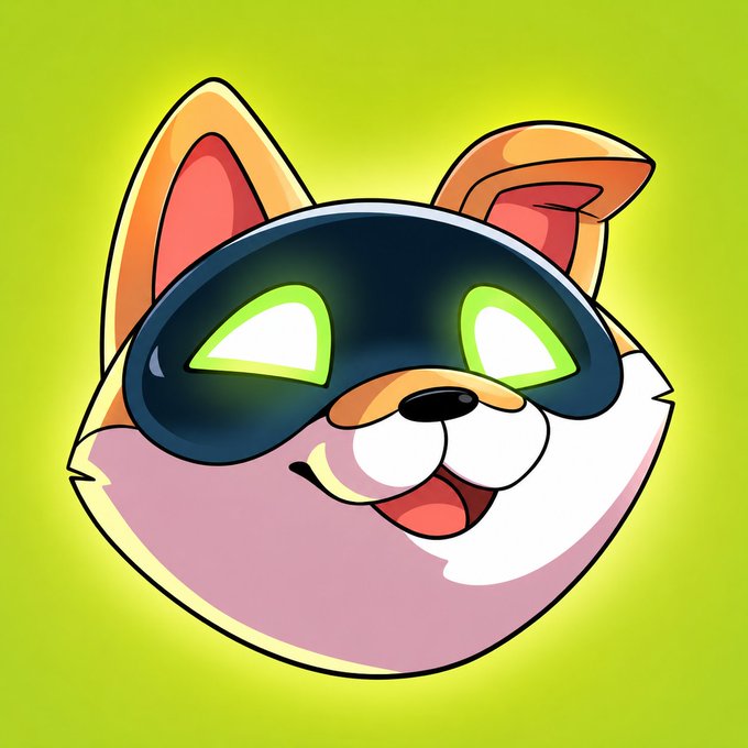 A cartoon corgi head wearing a black mask with glowing green eyes sits against a bright yellow-green background, serving as the mascot for the AI NVDA NFT collection teased in the post. The masked pup visually represents the playful, meme-driven branding tied to the token's new all-time high on Robinhood.