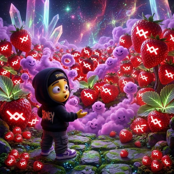 A wide-eyed cartoon character in a black "STONEY" hoodie stands amazed in a fantastical strawberry patch filled with glowing red berries marked with white symbols and cheerful purple smiley clouds beneath a cosmic sky. The image's playful, surreal aesthetic and abundance of "stoney" symbolism tie into the $LOAN Protocol post by giving it a vibrant, meme-inspired visual identity.