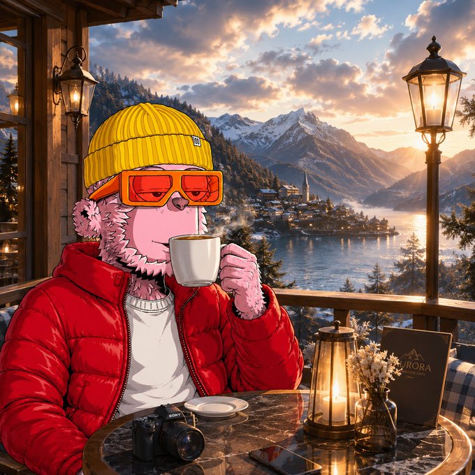 A pink anthropomorphic character wearing a yellow beanie, orange sunglasses, and a red puffer jacket sits at a cafe table with a camera, sipping coffee while overlooking a snowy mountain landscape and lake at sunset.