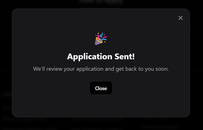 A confirmation pop-up modal displaying a celebration emoji with the text 'Application Sent! We'll review your application and get back to you soon.'