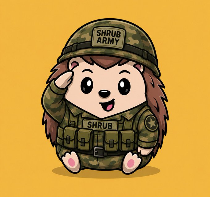 This adorable cartoon hedgehog, adorned with a "Shrub Army" helmet and "Shrub" patch, embodies the post's message of unity and collective effort. Together, they represent the "One Shrub, One Army, One Mission" for building something unforgettable.