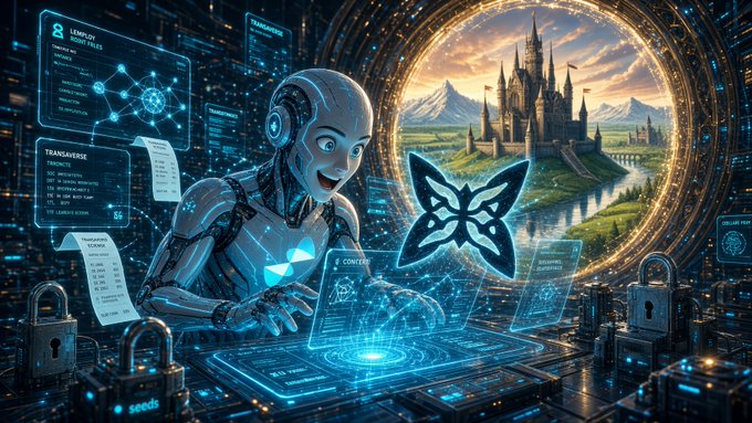 A futuristic digital illustration features a smiling robot working at a holographic interface with a butterfly-shaped logo, with a castle and mountains visible through a circular portal in the background.